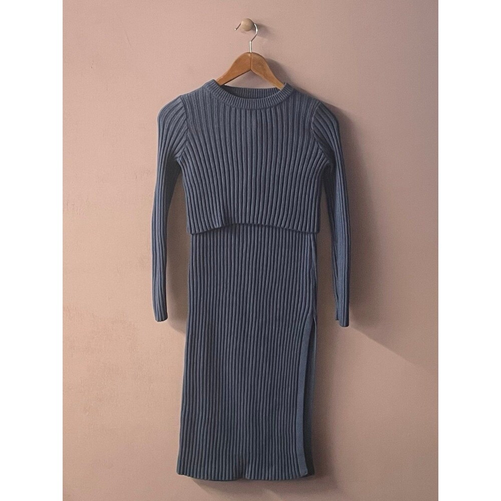 Dusty Blue Ribbed Knit Sweater Crop Top & Skirt Set Size S EUC